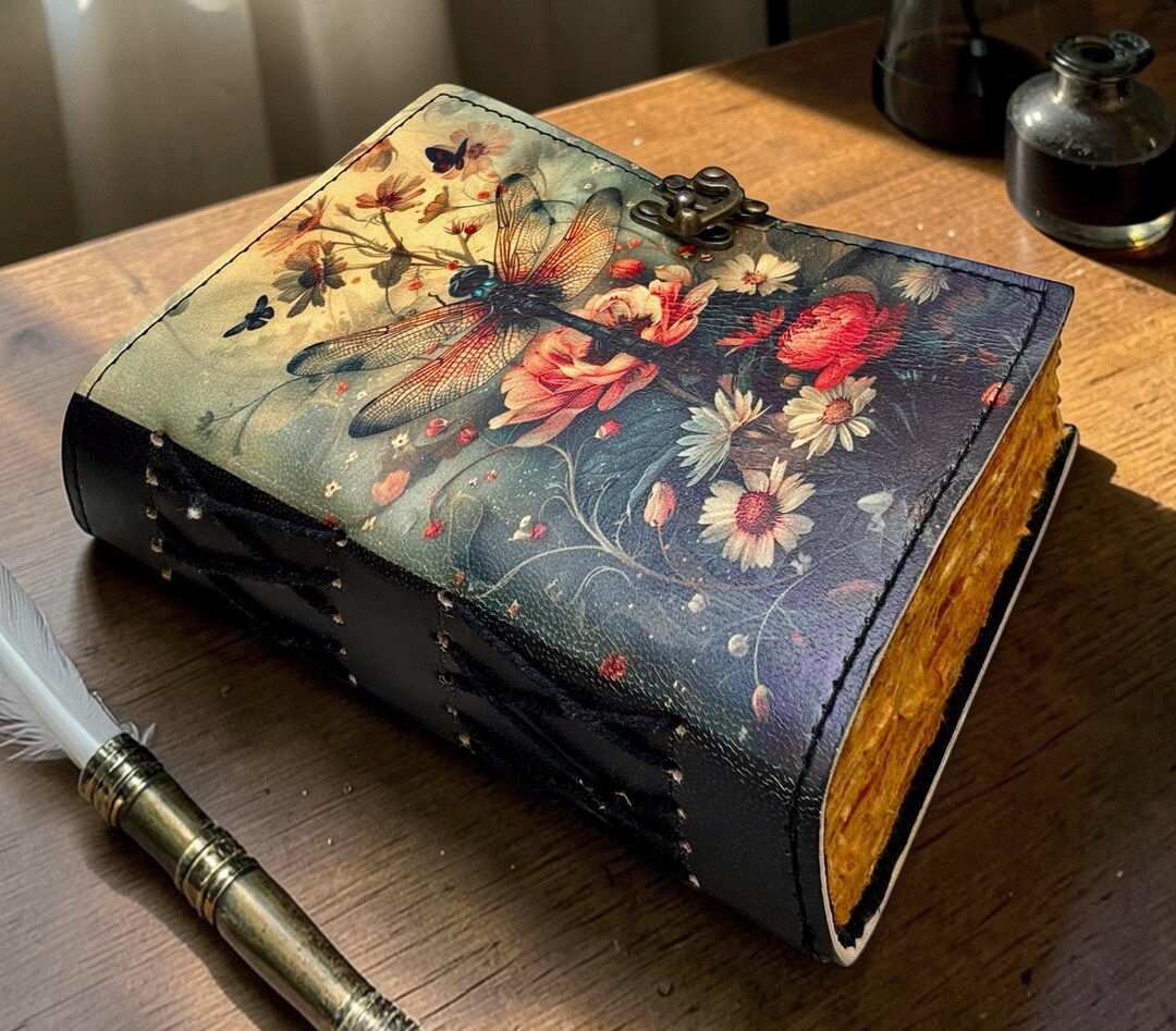 Vintage Dragonfly Floral Leather Journal – Handmade Lockable Notebook ...