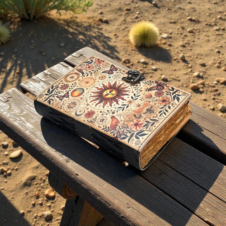 Celestial Sun Leather Journal With Lock – Handmade Deckle Edge Notebook ...