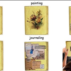 Pode incluir: Uma cole&ccedil;&atilde;o de di&aacute;rios e &aacute;lbuns em estilo vintage. Cada di&aacute;rio apresenta um tema diferente: escrita, pintura, &aacute;lbum de fotos, esbo&ccedil;os, di&aacute;rio e um &uacute;ltimo com o texto "Fill it". Os di&aacute;rios t&ecirc;m uma apar&ecirc;ncia de papel amarelado.