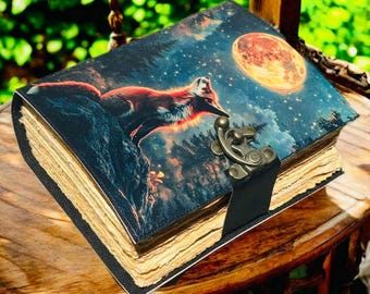 Fox Vintage Handmade leather Journal, Grimoire Fat journal Blank spell book of shadows Celestial Christmas Gifts For  CHRISTM