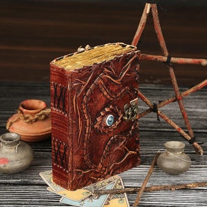 Leather Grimoire Journal Triple Moon Book of Shadows Vintage Deckle Edge Paper Blankspell book traveling sketchbook Notebook Dairy With Lock