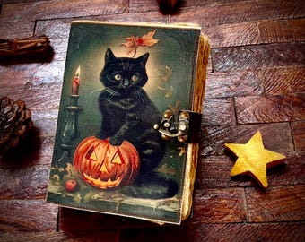 Black Cat Leather Junk Journal: Halloween Book of Shadows Celestial Leather Journal Celestial Book of Shadows  Witchcraft Gift Witches