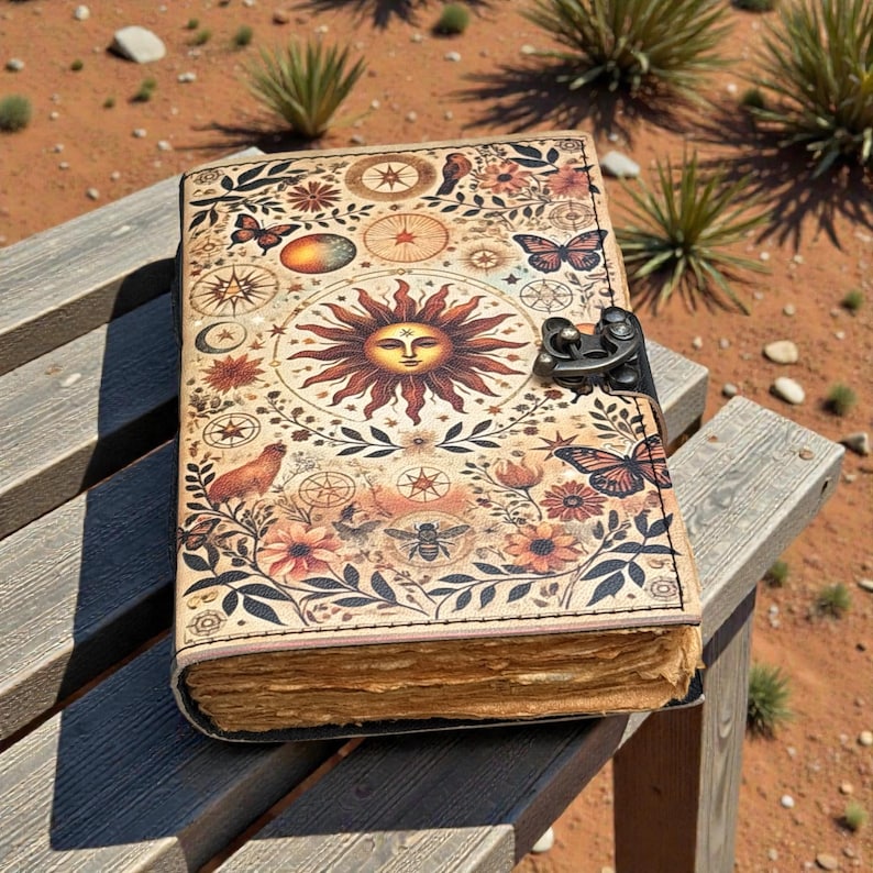 Celestial Sun Leather Journal With Lock – Handmade Deckle Edge Notebook ...