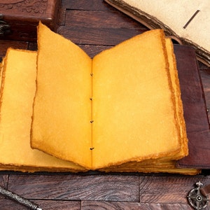 May include: A brown leather-bound journal with yellowed pages is open to reveal blank pages. The journal is lying on a wooden surface.