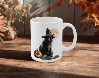 Black Cat Halloween Coffee Mug, Witchy Design