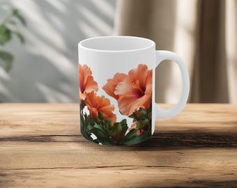 Orange Tropical Hibiscus Flowers Mug | 11oz Ceramic