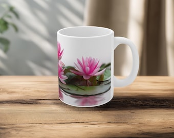 Pink Lotus Flower Ceramic Mug, Botanical Coffee Cup
