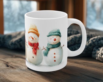 Caneca Cinco Bonecos de Neve Felizes | Caneca de Cerâmica de 325ml com Boneco de Neve