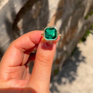 4 CT Green Asscher Cut Sapphire Ring: Solid Gold Bezel Engagement Ring
