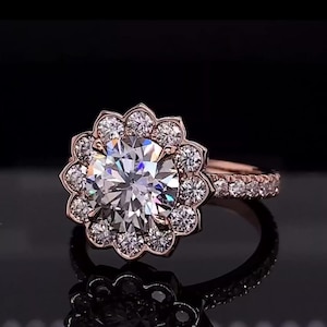 Floral 3 CT Round Cut Moissanite Ring: 14K Rose Gold Engagement Ring