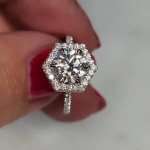 Ice Crushed Moissanite 3CT Round Cut Ring, Hidden Halo, Solid Gold Engagement Ring