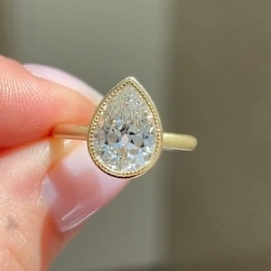 Art Deco 3 CT Pear Cut Moissanite Ring: Solid Gold Engagement Ring