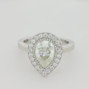 Victorian 3 CT Pear Moissanite Ring: Crushed Ice Halo, Solid Gold