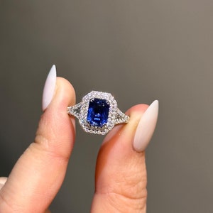 3 CT Blue Emerald Cut Sapphire Diamond Ring 10K 14K 18K Solid White Yellow and Rose Gold Halo Engagement Ring Anniversary Ring Bridal Ring