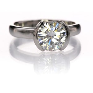 3 CT Round Moissanite Half Bezel Engagement Ring: Solid Gold Bridal Ring
