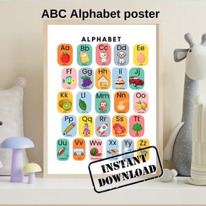 Póster del alfabeto para la pared de la habitación de la guardería, cuadro del alfabeto para niños pequeños, cuadro educativo, letras imprimibles para la escuela en el hogar