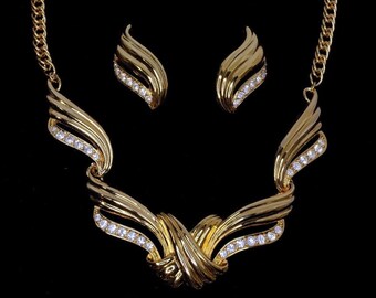 Avon Necklace and Clip On Earrings Vintage Gold Tone with Rhinestones