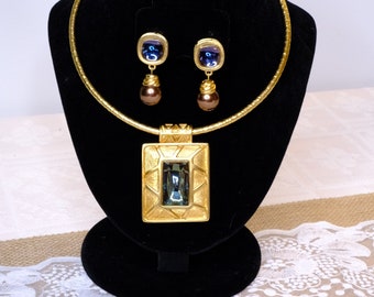 Givenchy Clip On Earrings & Choker Necklace Set  Gold Tone with Large Blue Rhinestones Vintage Rare Find Unique