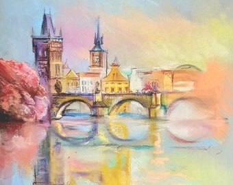 Fabelhaftes Prag. Karlsbrücke. Landschaft auf Bestellung. Landschaftsbild mit Pastellkreiden. Wandmalerei