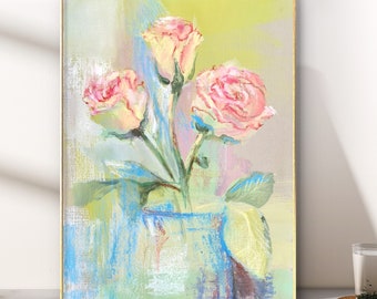 Roses. Rose oil pastel. Gift for her. Mother's day. Acrylic painting.