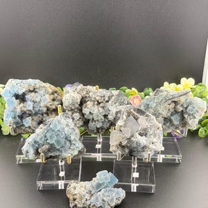 Blue Cubic Fluorite on Druzy Quartz Specimens