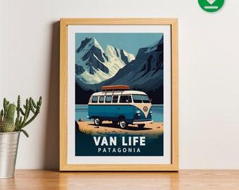 VW Westfalia T1 - Camping-car - Van Life - Patagonia Ushuaia - Poster - Poster Nature minimaliste - Poster de voyage - 2 designs