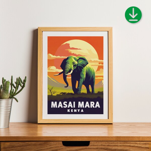 Masai Mara - Olifant - Kenia - Safari - Poster - Minimalistische natuurposter - Reisprint - Natuurmuurkunst