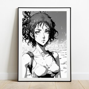 Op de afbeelding: Zwart-witte illustratie van een vrouw met kort, krullend haar. Ze draagt een top zonder mouwen en heeft een serieuze uitdrukking op haar gezicht.