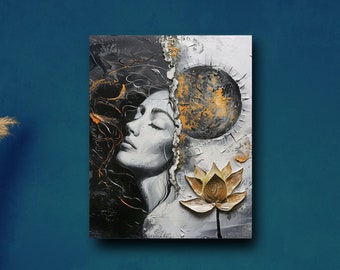 Divine Feminine Acrylic Painting - Mystical Celestial Art Print, Moon Goddess with Lotus Flower, Spiritual Decor Gift