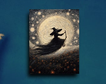 Witch Artwork Moonlight Painting, Gothic Dark Academia Decor, Digital Print for Moody Aesthetic, Moonlit Witch Gift