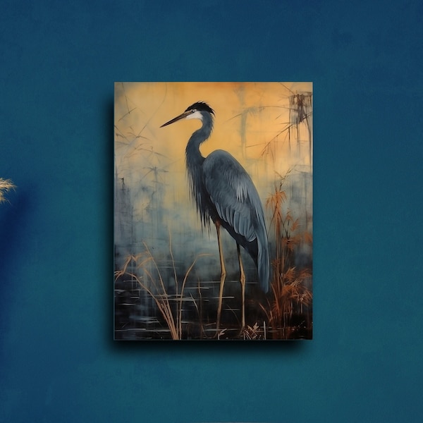 Moody Blue Heron Artwork - Dark Academia Bird Art, Shabby Chic Large Wall Decor, Gift for Bird Lovers