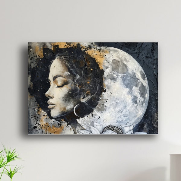 Divine Feminine Acrylic Painting - Mystical Celestial Art Print, Moon Goddess with Lotus Flower, Spiritual Decor Gift