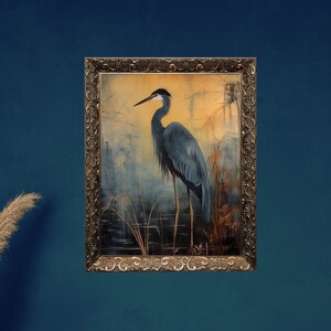 Moody Blue Heron Artwork - Dark Academia Bird Art, Shabby Chic Large Wall Decor, Gift for Bird Lovers