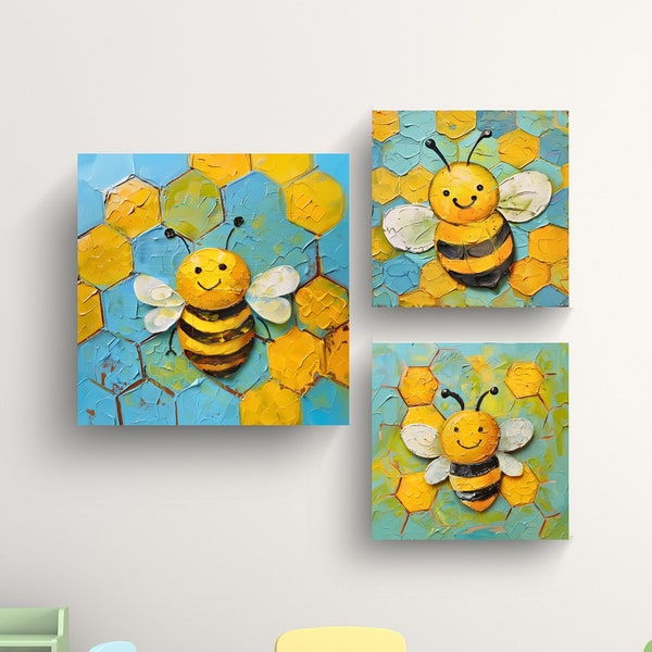 Honey Bee Acrylic Painting - Textured Bumblebee Art for Nursery Decor, Woodland Critters Room Digital Print for Kids