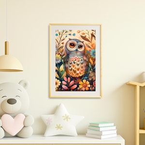 Arte infantil de búho del bosque: estampado de animales del bosque de alto contraste, decoración de pared Montessori, arte digital sensorial para la habitación del bebé