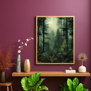Moody Forest Wall Art— Vintage-Style Woodland Digital Print, Ethereal Nature Scene for Dark Academia or Atmospheric Interiors