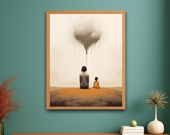 May include: A painting of two figures sitting on a sandy surface, with a large, dark cloud above them. The cloud is dripping with rain. The figures are facing away from the viewer, and the one in the back is wearing a grey shirt. The figure in the front is wearing a yellow shirt.