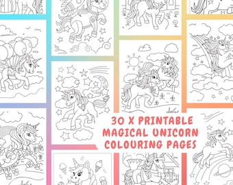 以下が含まれることがあります： 魔法のユニコーンがさまざまなポーズと設定で描かれた、印刷可能な塗り絵30枚セット。ロケットに乗ったり、風船で飛んだり、スケートボードに乗ったりするユニコーンなど、さまざまなユニコーンが描かれています。
