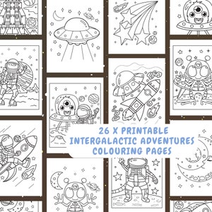 26 Astronaut /Outer Space Printable Colouring Pages For Kids. (Printable, PDF download). Colouring for imagination and play!