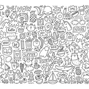 以下が含まれることがあります： 黒と白の落書きイラスト。動物、食べ物、ハート、星、そして「愛」「夏」「幸せ」「笑顔」などの言葉など、さまざまなかわいいおとぎ話のような画像が描かれています。