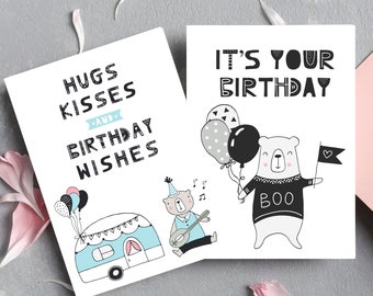 Pacote com 12 cartões de aniversário, cartões de aniversário infantis, cartões fofos, cartões de aniversário infantis, cartões de aniversário imprimíveis, feliz aniversário, cartões de animais fofos