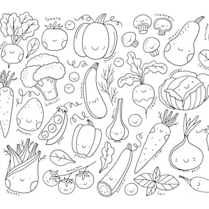 以下が含まれることがあります： かわいい顔をした様々な野菜とハーブの白黒の線画。野菜には、アスパラガス、ビーツ、ブロッコリー、ニンジン、セロリ、トウモロコシ、キュウリ、ナス、フェンネル、ニンニク、タマネギ、ピーマン、ジャガイモ、カボチャ、ラディッシュ、ホウレンソウ、トマト、ズッキーニ、アーティチョークが含まれています。ハーブには、バジル、チリ、ディルが含まれています。