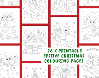 以下が含まれることがあります： クリスマスの楽しいシーンを描いた、印刷可能な塗り絵26枚セット。サンタクロース、雪だるま、ジンジャーブレッドハウス、トナカイ、ペンギン、ナッツクラッカー、クリスマスツリーなどの画像が含まれています。