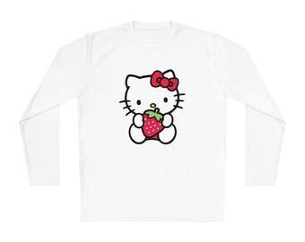 Słodki, truskawkowy kotek w stylu kawaii, unisex, lekki, długi rękaw