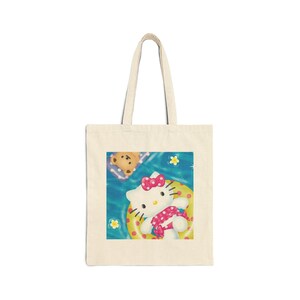Summer Beach Kitty on Floatie with bear Cotton Canvas Tote Bag