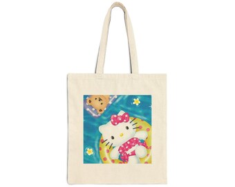 Summer Beach Kitty auf Floatie mit Bär Baumwollsegeltuchtasche