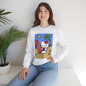 Kitty surfeur nostalgique avec noeud Summer Vibes - Sweat-shirt unisexe parfait à col rond en mélange épais