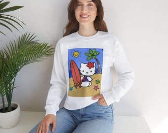 Summer Vibes Nostalgic Surfer Kitty with Bow Perfect uniseks Heavy Blend™-sweater met ronde hals