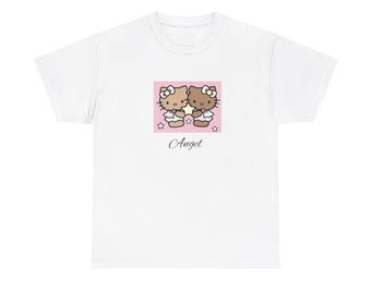 Adorables gatitos de ángel estrellado brillante con lazos en camiseta de algodón pesado unisex rosa y blanco