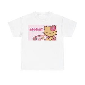 Kawaii Pink Aloha Kitty Surfer Kitty Trendy Nostalgic 2000&#39;s Iconic Unisex Heavy Cotton Tee